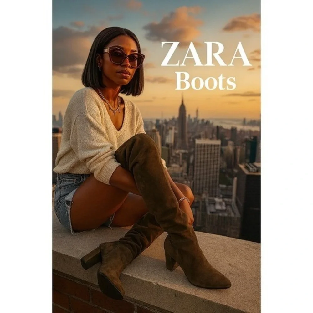 Zara Women's Olive Green Suede OTK Block Heel Boots EU 36 US 6 Slouchy‎